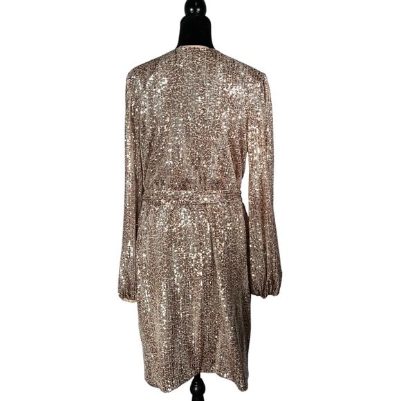 Venus Beige Sequin Cocktail Dress Faux Wrap Tan Metallic V-Neck Balloon Sleeves - Picture 11 of 17